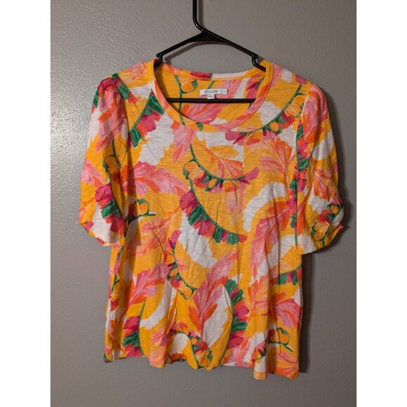Chico's Top Size 2 L Yellow Pink Tropical Feather Print Cotton Modal Puff Sleeve - Picture 2 of 7
